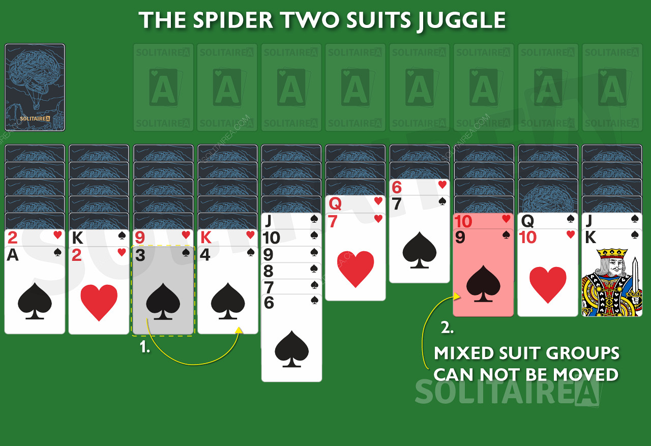 Οι ομάδες μεικτών κοστουμιών δεν μπορούν να μετακινηθούν στο Spider Solitaire 2 Suits